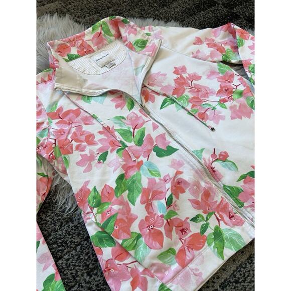 Tommy Bahama Womens Full Zip Jacket Large White Pink Pockets Casual Floral Knit - Picture 2 of 4